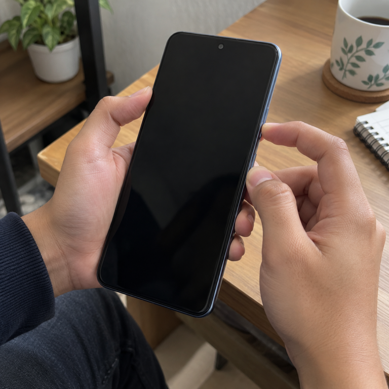 Tangan pengguna menekan tombol power dan volume bawah HP vivo dengan layar sepenuhnya hitam untuk mencoba restart paksa.