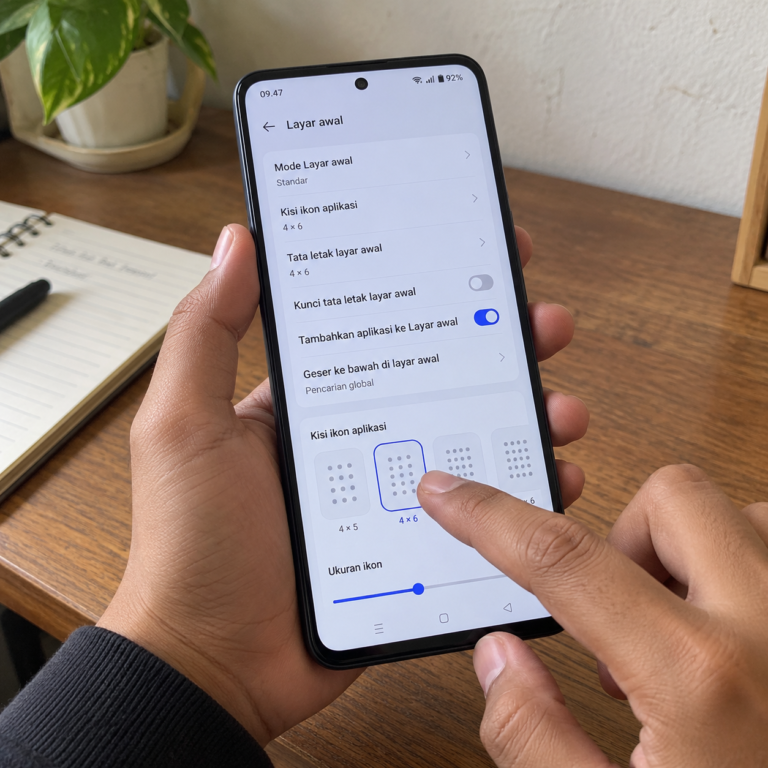 Tangan pengguna mengatur tata letak layar utama HP OPPO melalui menu pengaturan Android.