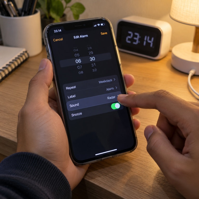 Tangan memeriksa pengaturan bunyi alarm pada iPhone yang sedang menampilkan menu alarm.