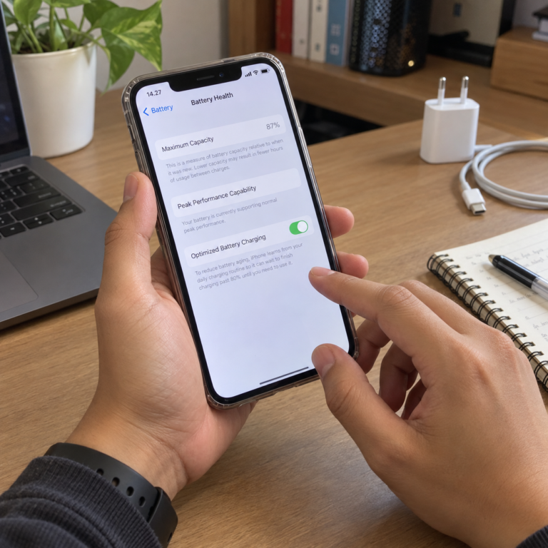 Pengguna memeriksa Battery Health iPhone di layar pengaturan dengan kabel charger berada di dekat perangkat.