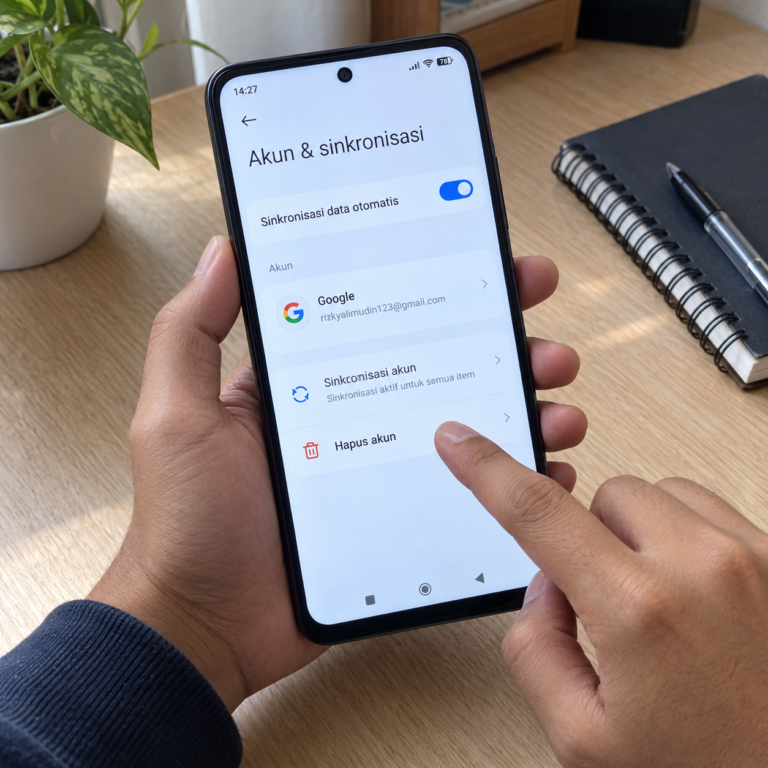 Tangan pengguna memegang HP Xiaomi dengan layar pengaturan akun Google dan pilihan Hapus akun.