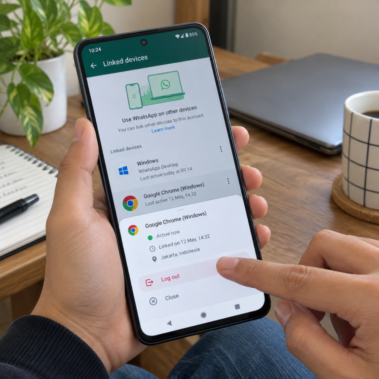 Tangan pengguna membuka menu Perangkat tertaut WhatsApp di HP Android dengan satu sesi perangkat dipilih untuk dikeluarkan.