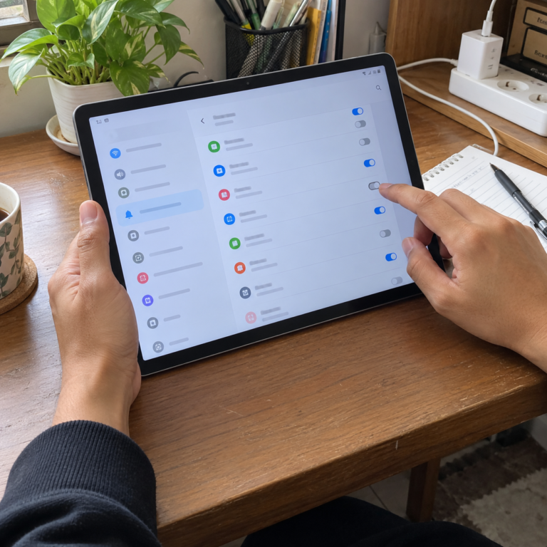 Pengguna membuka pengaturan notifikasi pada tablet Samsung untuk mencari sumber iklan yang mengganggu.
