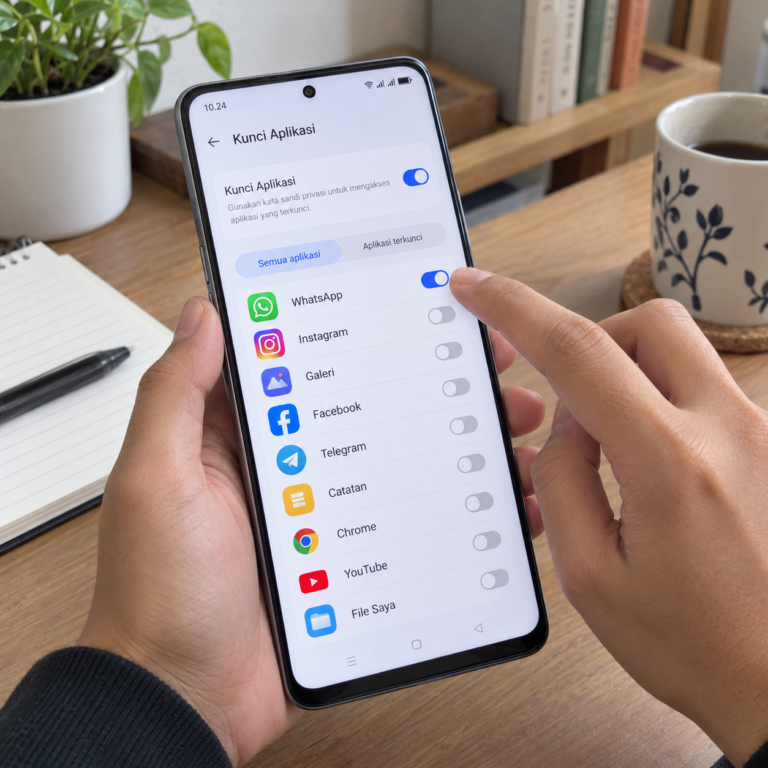 Tangan pengguna mengaktifkan tombol App Lock pada daftar aplikasi di layar pengaturan HP realme.
