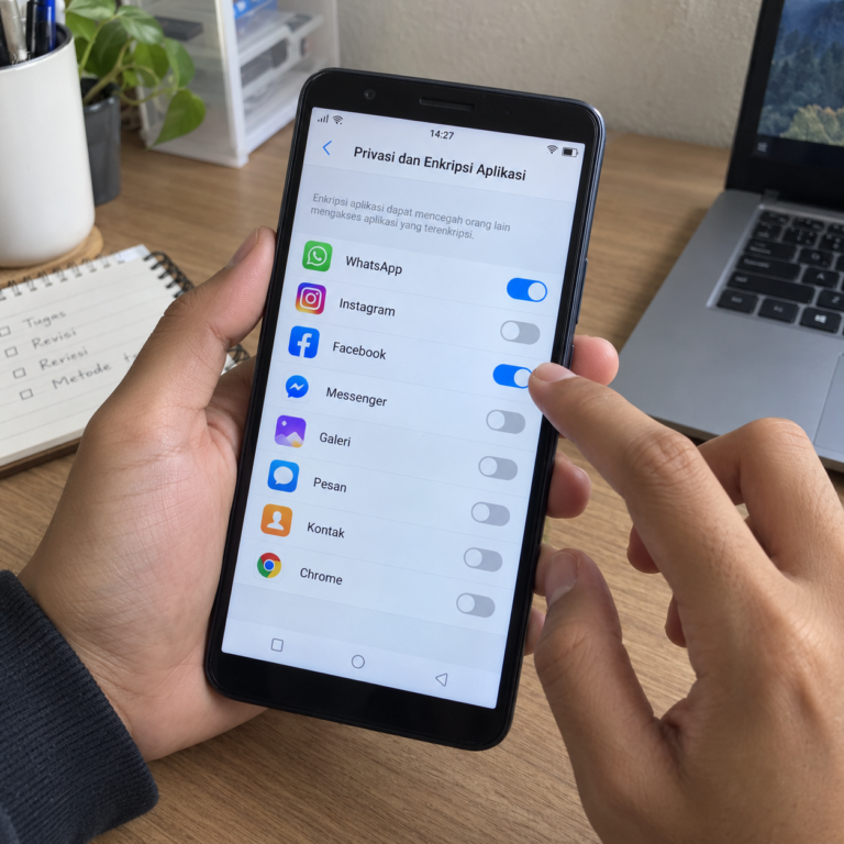 Tangan pengguna mengaktifkan pengunci aplikasi melalui tampilan pengaturan privasi pada HP vivo Y71.