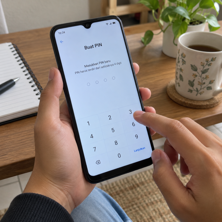 Tangan pengguna mengatur kunci layar vivo Y91C melalui tampilan keypad PIN dengan indikator kode yang masih kosong.