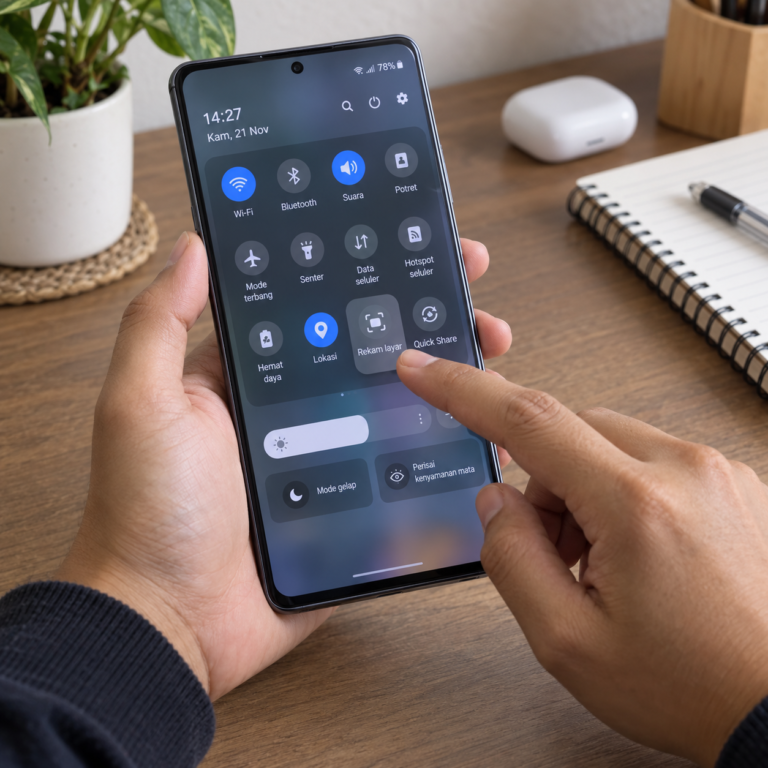 Pengguna membuka Quick Panel di HP Samsung dan bersiap memilih fitur perekam layar bawaan.