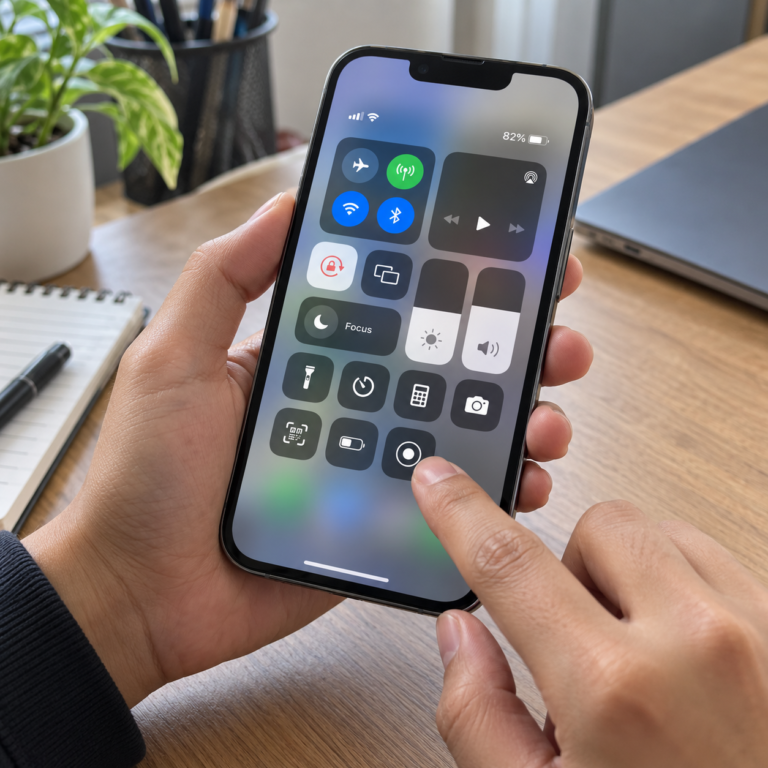 Tangan pengguna mengetuk tombol Perekaman Layar di Pusat Kontrol pada iPhone 13.