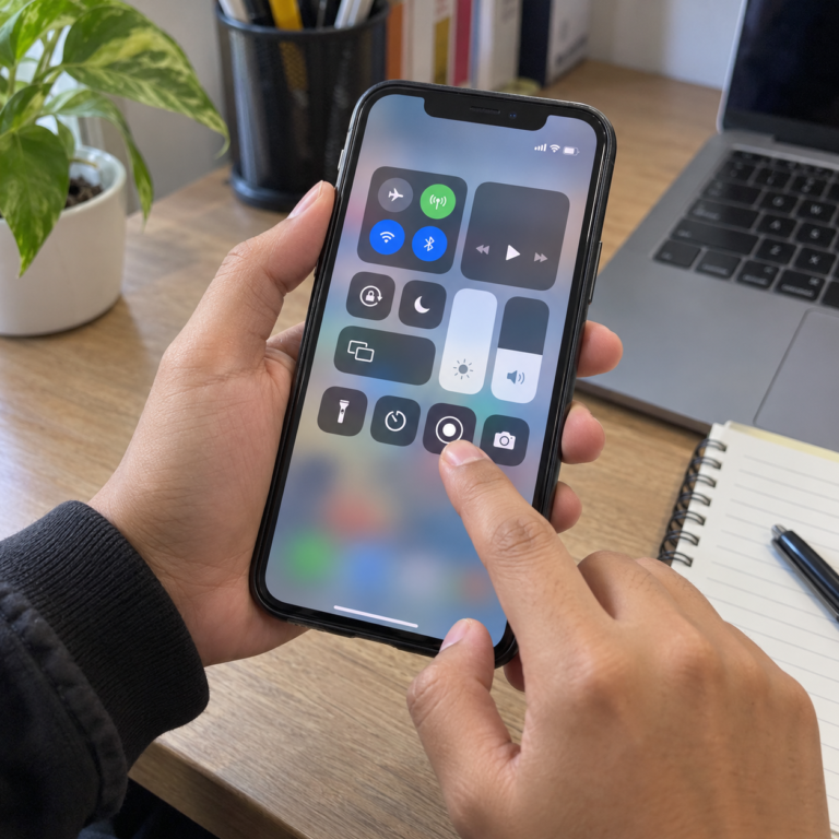 Tangan pengguna menekan tombol Screen Recording pada Control Center di layar iPhone.
