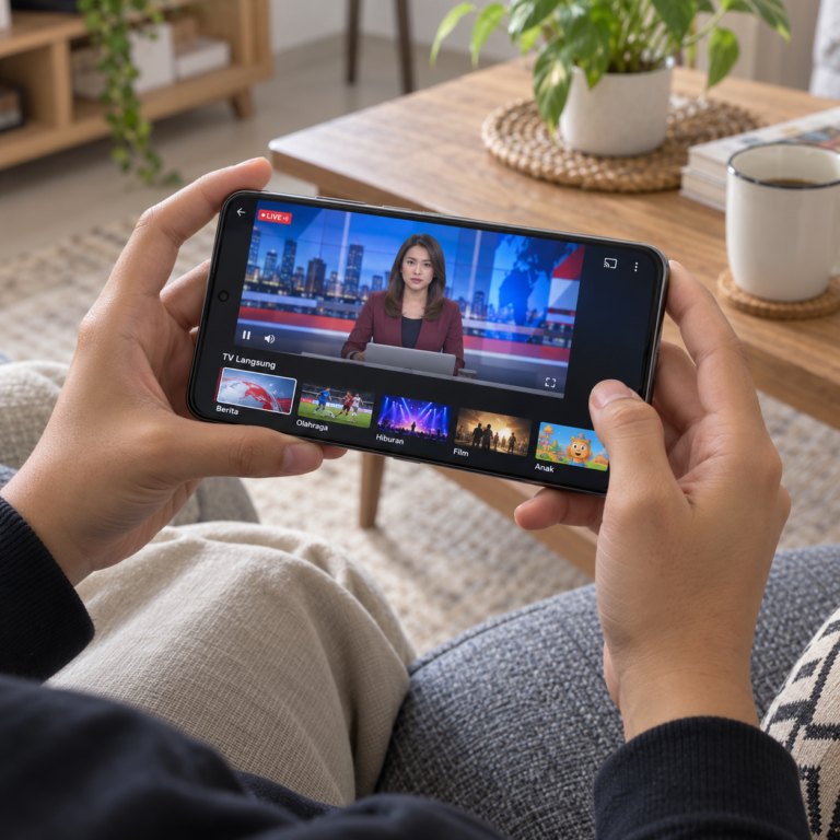 Tangan pengguna memegang smartphone dalam posisi horizontal dengan siaran berita televisi dan pilihan saluran streaming terlihat di layar.
