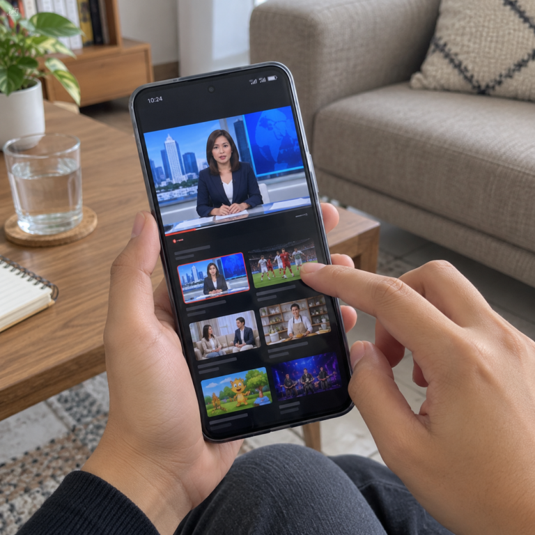 Tangan pengguna memegang HP Android yang menampilkan siaran berita langsung dan pilihan channel TV online.