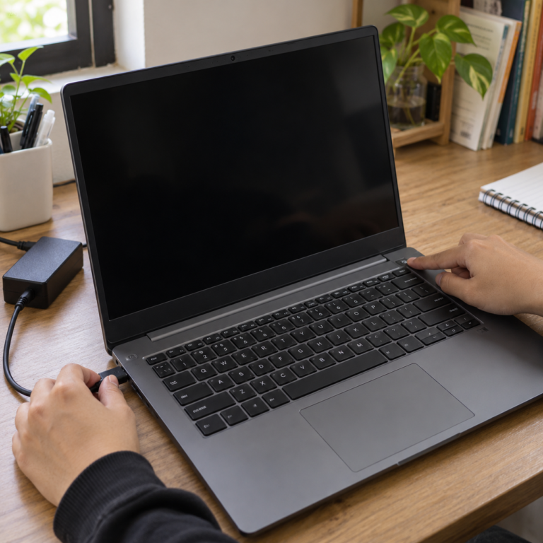 Tangan menekan tombol power laptop dengan layar hitam saat charger terhubung di meja kerja.