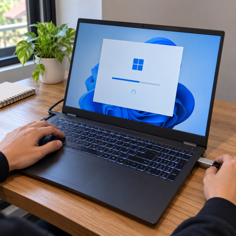 Laptop menampilkan proses instalasi Windows dengan flashdisk USB terhubung dan tangan pengguna berada di dekat trackpad.