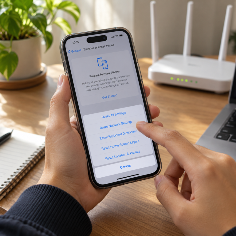 Tangan pengguna membuka pengaturan reset jaringan pada iPhone untuk mengatasi masalah koneksi.