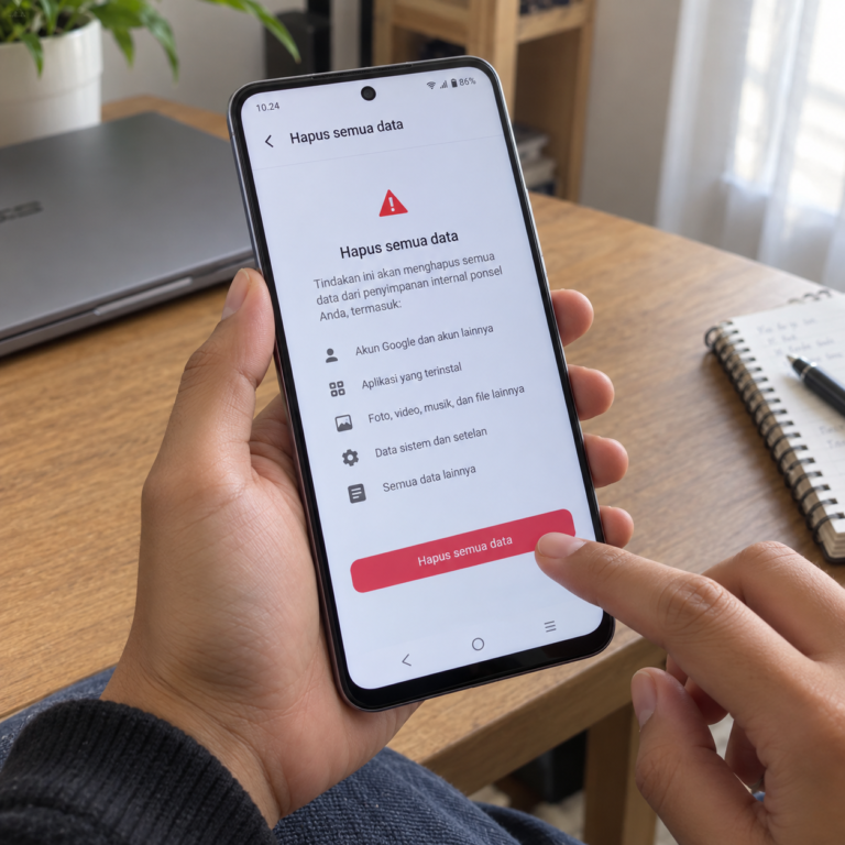 Tangan pengguna mengoperasikan HP vivo yang menampilkan halaman konfirmasi Hapus semua data pada pengaturan reset pabrik.