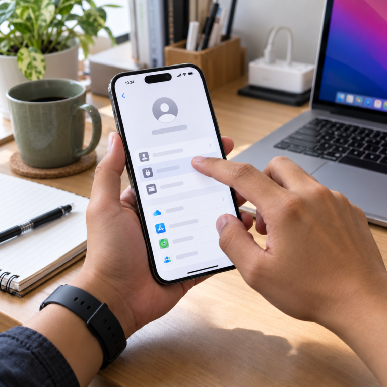 Tangan pengguna memegang iPhone dan membuka pengaturan akun untuk memulai reset password iCloud.