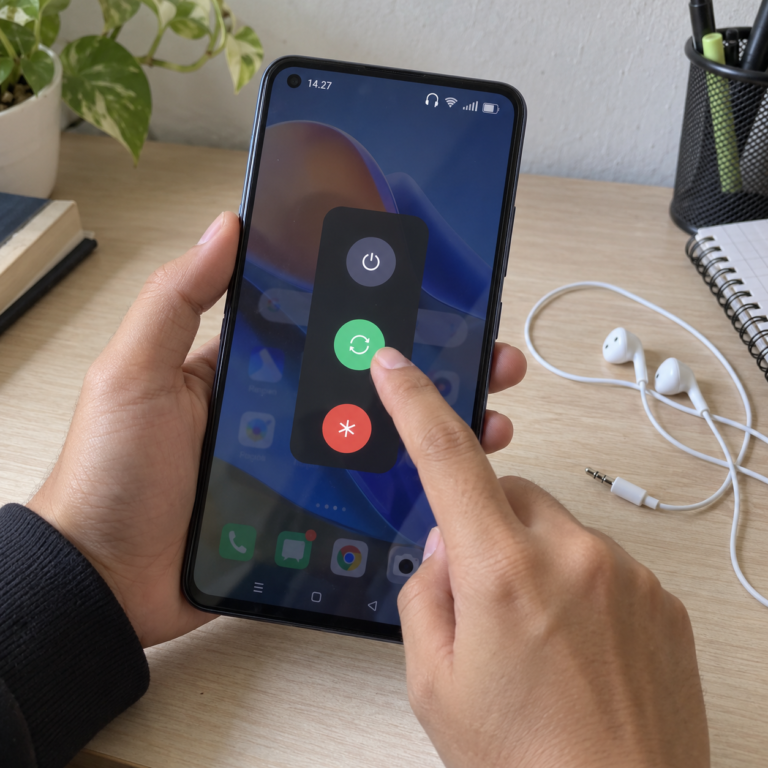 Tangan pengguna mencoba restart HP OPPO yang masih menampilkan ikon headset meskipun earphone kabel sudah dicabut.