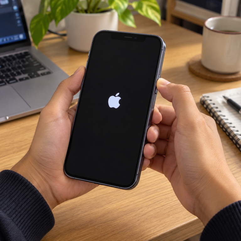 Tangan pengguna menahan tombol samping iPhone saat melakukan restart paksa pada perangkat yang tidak merespons.