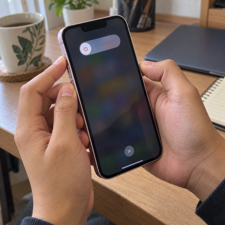 Pengguna menekan tombol samping dan volume pada iPhone 13 untuk memulai proses restart normal.