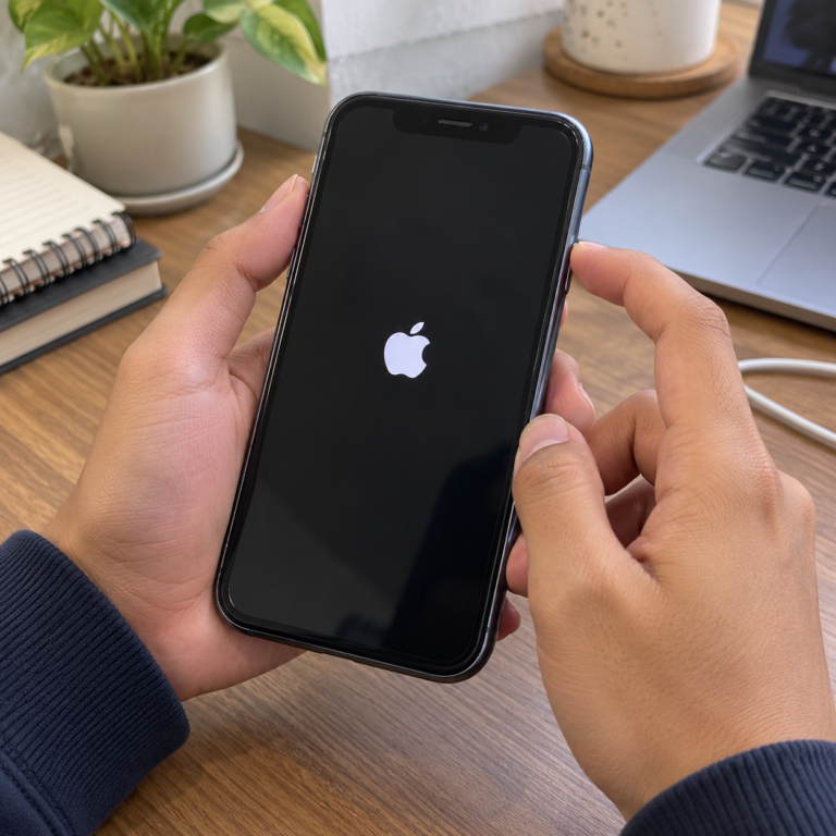 Tangan memegang iPhone XR sambil menggunakan tombol samping untuk melakukan restart perangkat.