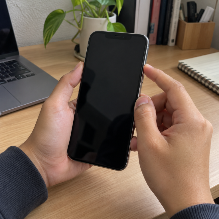Tangan memegang iPhone dan menggunakan tombol fisik untuk melakukan restart tanpa menyentuh layar.