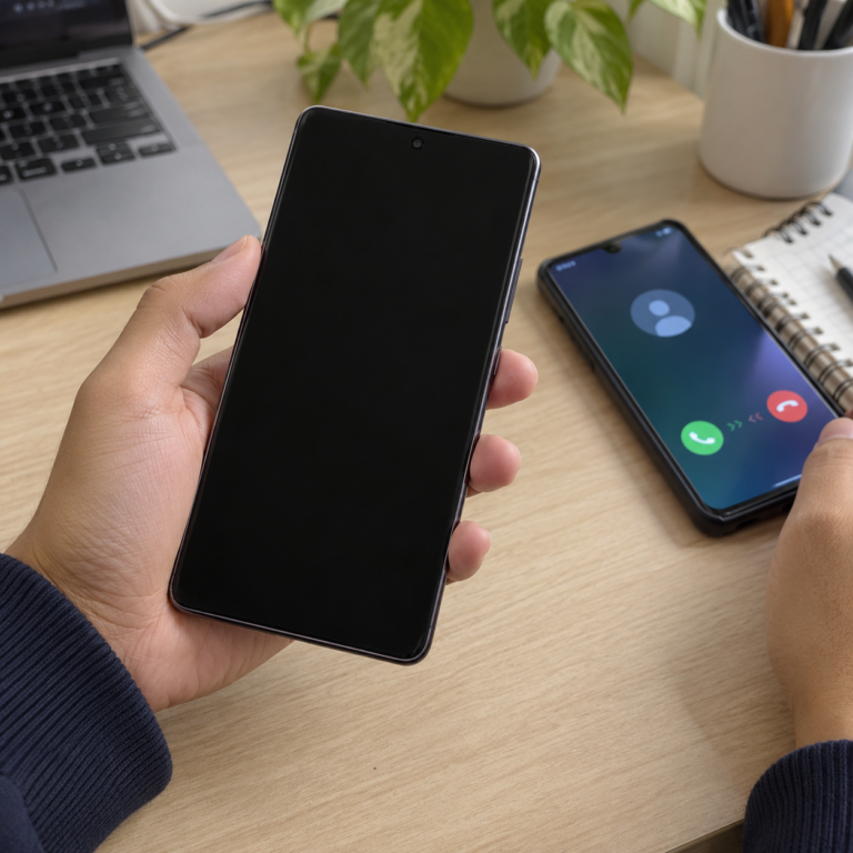 HP Samsung dengan layar hitam sedang dicek menggunakan panggilan dari HP lain untuk memastikan perangkat masih aktif.