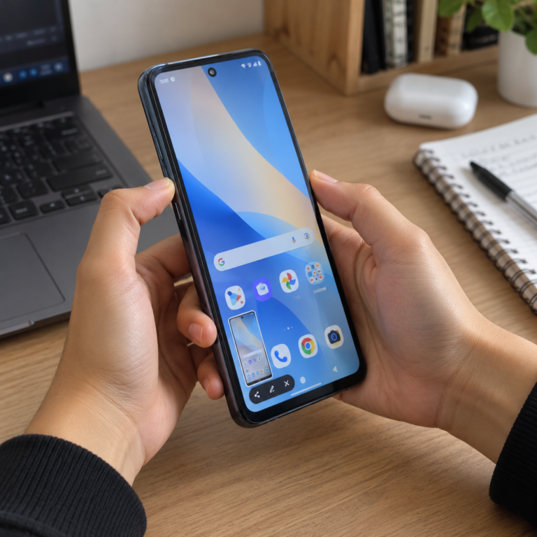 Tangan menekan tombol power dan volume bawah pada HP realme untuk mengambil screenshot.