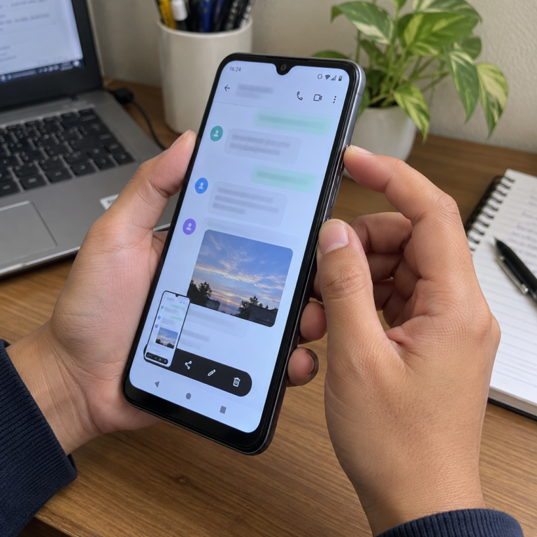 Tangan menekan tombol power dan volume bawah pada Redmi A5 untuk mengambil screenshot.