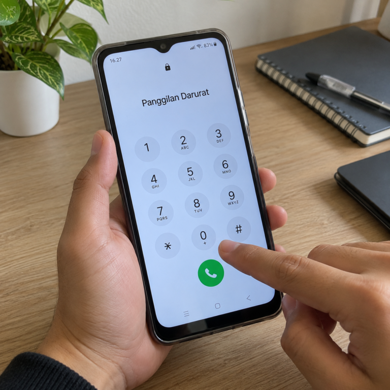 Tangan pengguna memegang HP Realme terkunci yang menampilkan keypad panggilan darurat di layar.