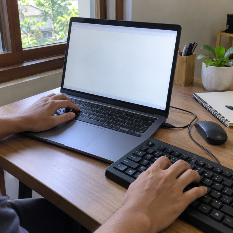 Tangan mencoba keyboard laptop yang tidak mengetik sambil membandingkannya dengan keyboard eksternal.