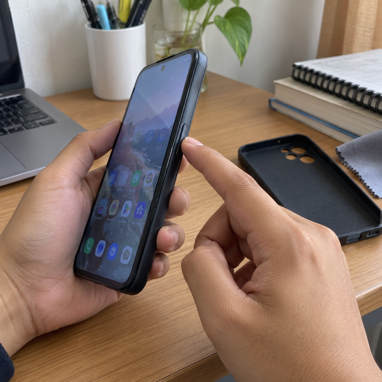 Pemilik HP memeriksa tombol power di sisi perangkat setelah casing dilepas tanpa menekannya secara paksa.