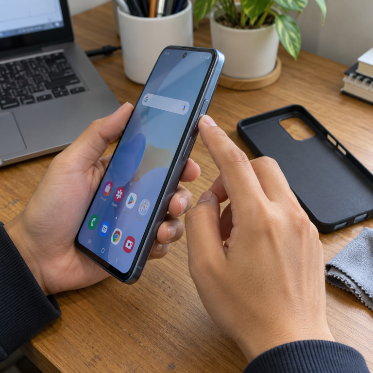Pengguna menekan tombol volume HP setelah casing dilepas untuk mengecek tombol yang tidak merespons.