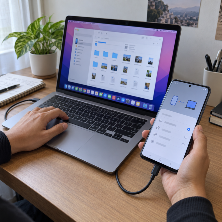 HP Samsung terhubung ke MacBook dengan kabel data saat pengguna menyiapkan proses transfer file.