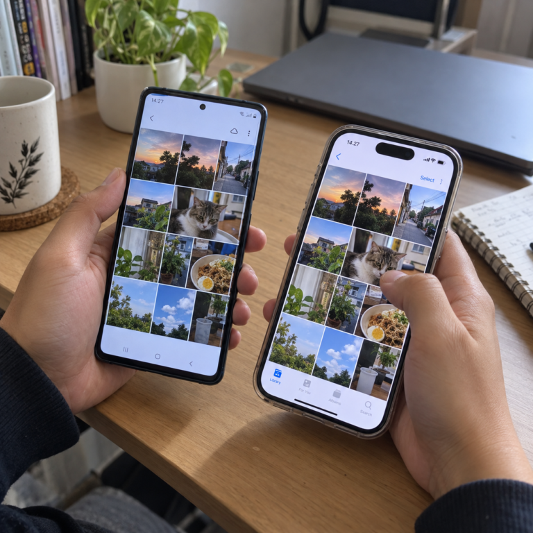 Dua HP Android dan iPhone menampilkan koleksi foto yang sedang diperiksa setelah proses pemindahan.