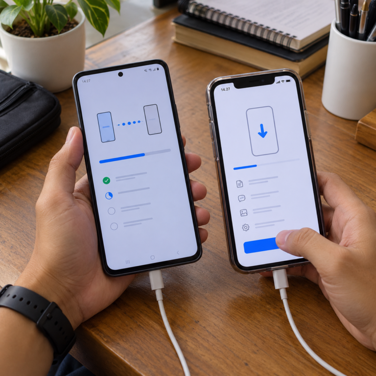 Android dan iPhone berdampingan saat proses pemindahan data dilakukan pada tahap setup iPhone.