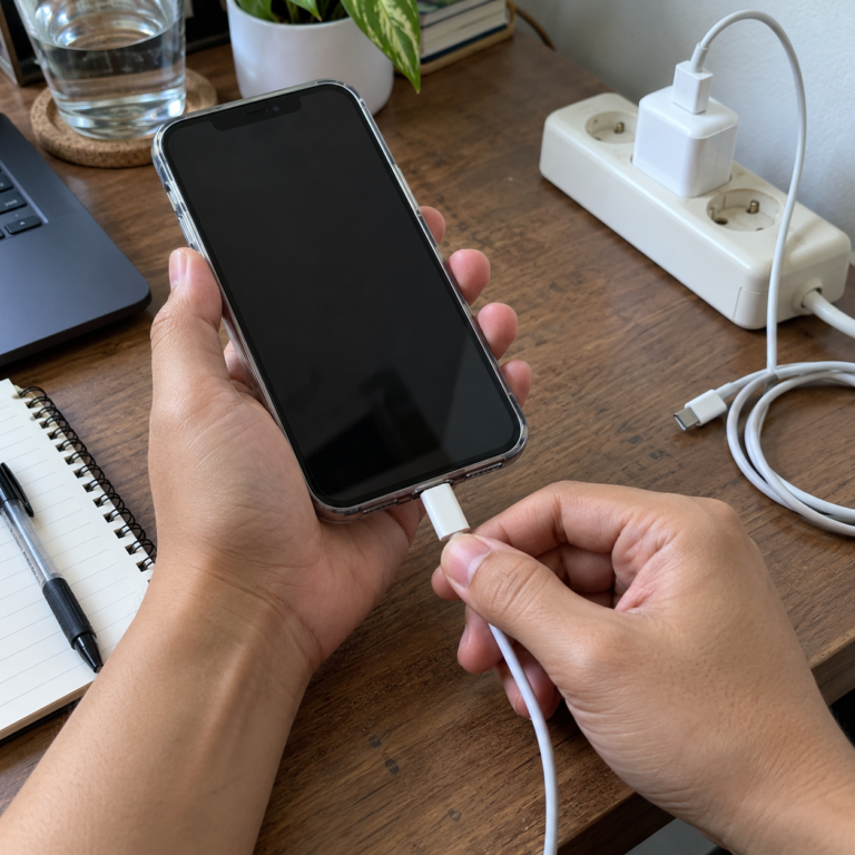 Tangan memeriksa konektor charger pada iPhone yang tidak menunjukkan respons pengisian.