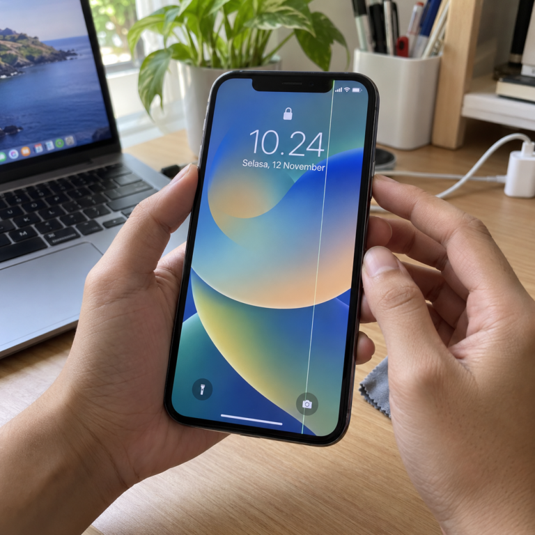 iPhone menyala dengan satu garis tipis vertikal pada layar sedang diperiksa oleh pengguna.
