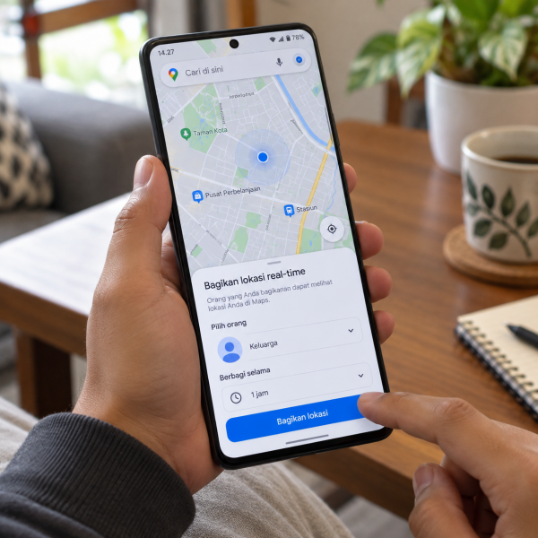 Tangan pengguna mengatur berbagi lokasi di Google Maps pada layar smartphone dengan peta dan pilihan kontak penerima terlihat.