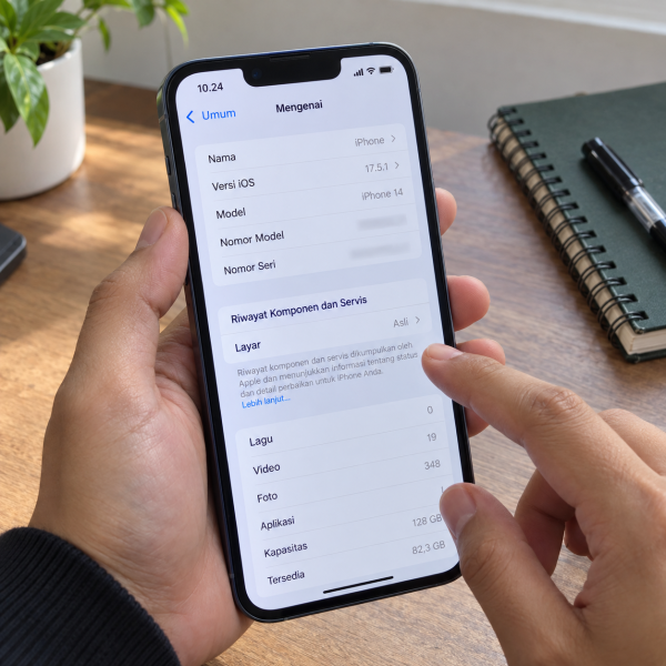 Tangan pengguna memegang iPhone sambil memeriksa informasi Riwayat Komponen dan Servis pada menu Pengaturan.