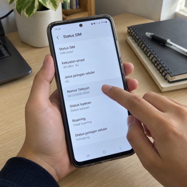 Tangan pengguna membuka pengaturan Status SIM pada HP Android untuk melihat informasi nomor telepon.