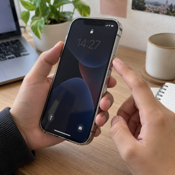 Tangan pengguna menekan tombol samping iPhone untuk mengunci layar perangkat.