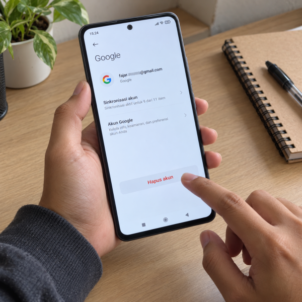 Tangan pengguna membuka pengaturan akun Google di HP Xiaomi dengan pilihan Hapus akun terlihat pada layar.