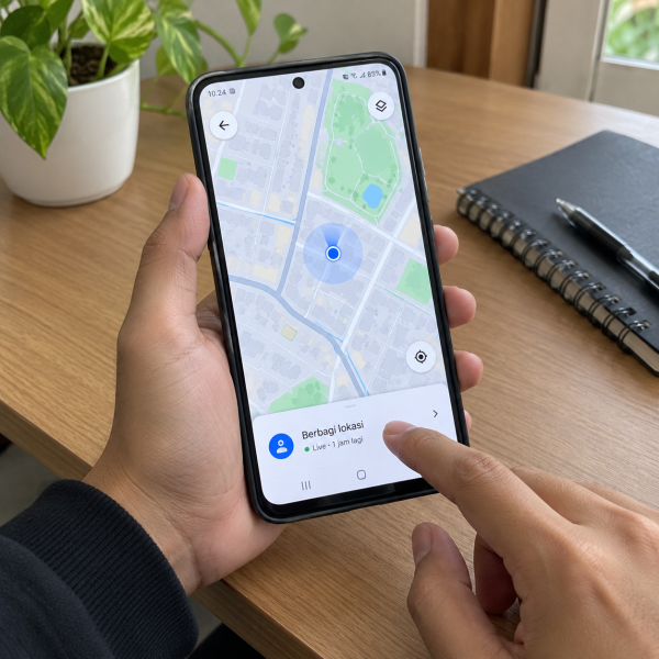 Tangan pengguna memegang HP Android yang menampilkan peta digital dengan penanda lokasi dan menyentuh bagian bawah layar.