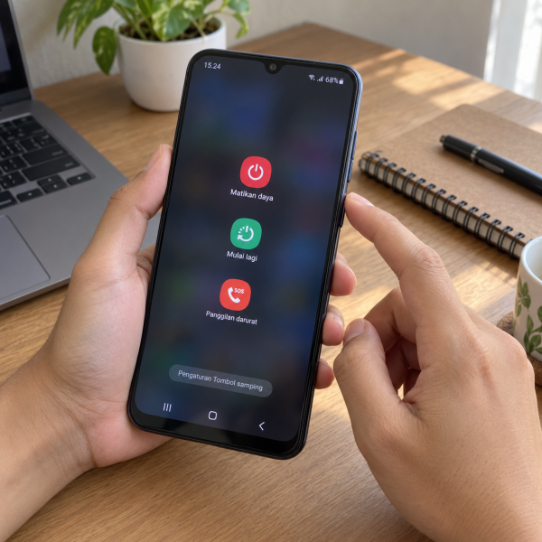 Tangan pengguna memegang Samsung Galaxy A50s dengan menu daya terbuka di layar dan jari berada dekat tombol power.