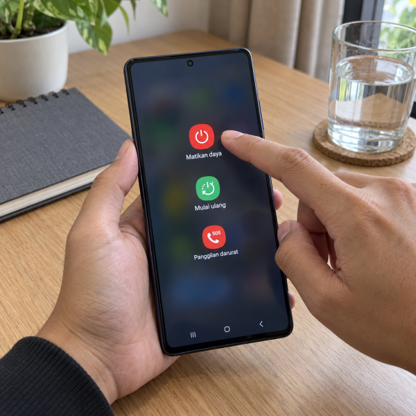 Tangan pengguna memegang HP Samsung dengan menu daya terbuka dan jari mendekati pilihan Matikan daya.
