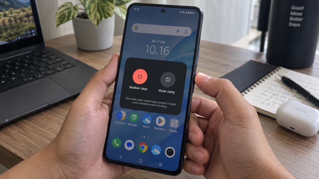 Tangan menahan tombol power HP Vivo saat menu daya muncul pada layar untuk mematikan perangkat.