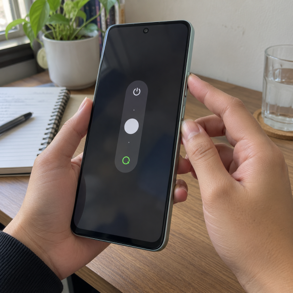 Tangan pengguna menekan tombol power dan volume atas HP OPPO A58 untuk membuka menu daya pada layar.