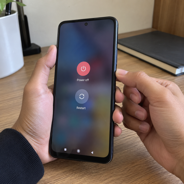 Tangan pengguna memegang HP Xiaomi Redmi Note 14 dengan menu daya terbuka dan jari berada di dekat tombol power.
