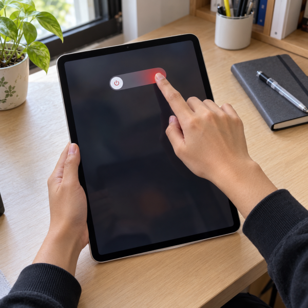 Tangan pengguna menggeser tombol daya pada layar iPad untuk mematikan perangkat.