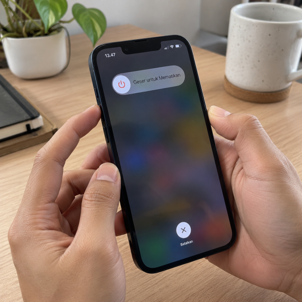 Tangan pengguna memegang iPhone 13 dengan menu geser untuk mematikan terlihat di layar sambil menekan tombol samping dan volume.